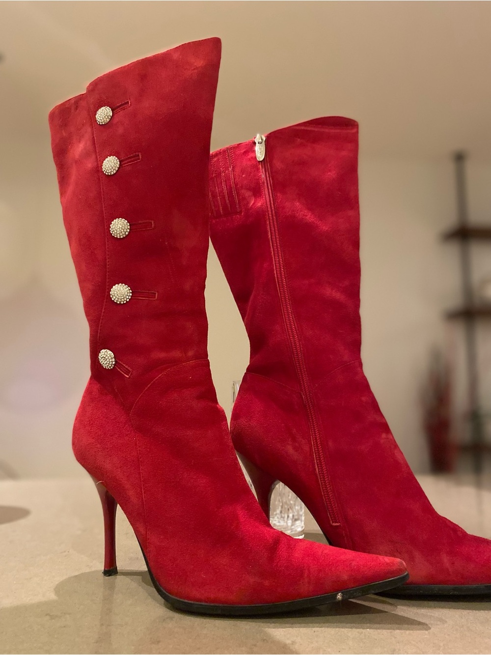 Red Suede Knee-High Stiletto Boots with Decorative Buttons